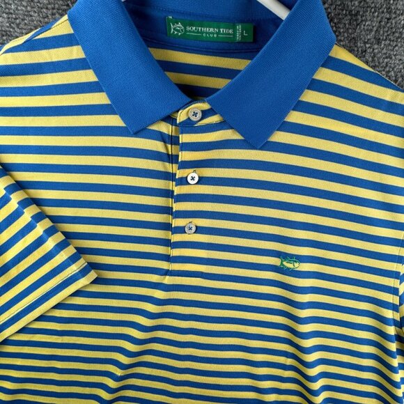 Southern Tide Club Short Sleeve Polo Shirt Blue Yellow Striped Large Men Golf - Picture 1 of 13